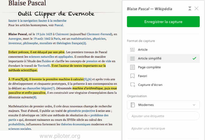 L'outil clipper d'evernote